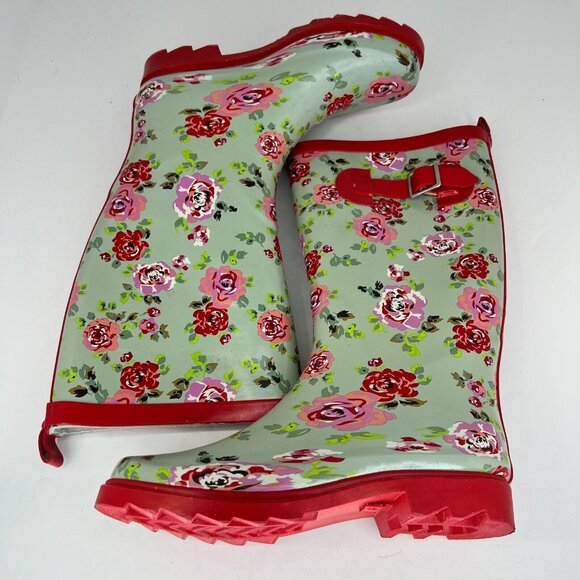 Womens Green Waterproof Garden Strap Floral Mid Calf Slip On Size 6 Rain Boots - Picture 7 of 9